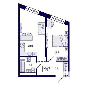 2-к квартира, строящийся дом, 47м2, 19/30 этаж