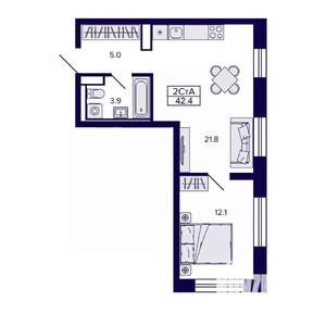2-к квартира, строящийся дом, 42м2, 13/30 этаж