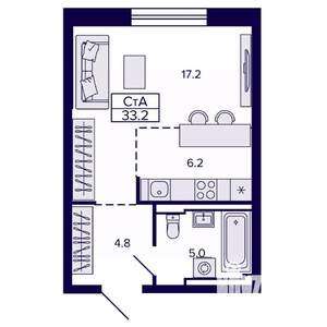 1-к квартира, строящийся дом, 33м2, 6/22 этаж