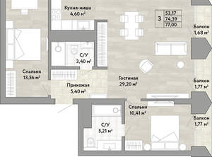 3-к квартира, вторичка, 74м2, 18/22 этаж