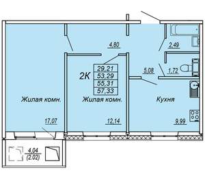 2-к квартира, вторичка, 55м2, 3/10 этаж