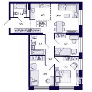 4-к квартира, строящийся дом, 81м2, 14/22 этаж