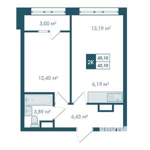 2-к квартира, строящийся дом, 45м2, 16/19 этаж