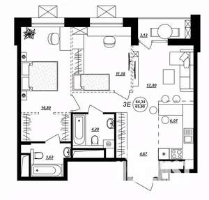 3-к квартира, строящийся дом, 66м2, 10/17 этаж