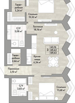 3-к квартира, вторичка, 69м2, 21/22 этаж