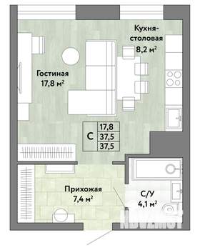 1-к квартира, строящийся дом, 38м2, 10/22 этаж