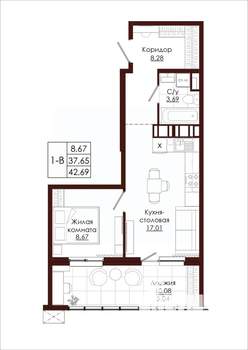1-к квартира, вторичка, 43м2, 8/19 этаж