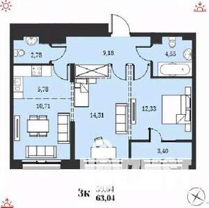 3-к квартира, строящийся дом, 63м2, 12/19 этаж