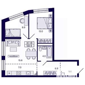 3-к квартира, строящийся дом, 59м2, 13/22 этаж