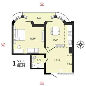 1-к квартира, строящийся дом, 59м2, 11/25 этаж