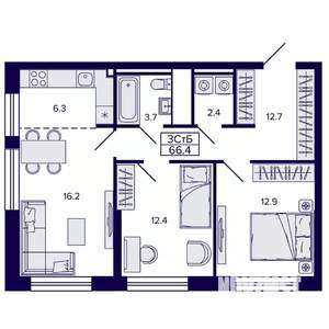 3-к квартира, строящийся дом, 66м2, 16/22 этаж