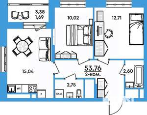 2-к квартира, вторичка, 54м2, 13/17 этаж