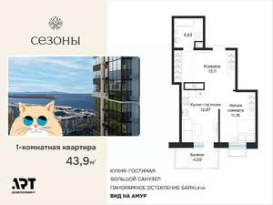 1-к квартира, вторичка, 43м2, 2/23 этаж