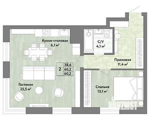 2-к квартира, строящийся дом, 60м2, 5/22 этаж