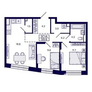 3-к квартира, строящийся дом, 60м2, 14/30 этаж