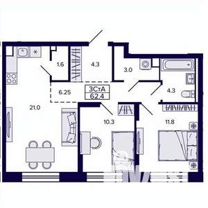 3-к квартира, строящийся дом, 62м2, 7/30 этаж