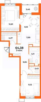 3-к квартира, вторичка, 64м2, 2/10 этаж