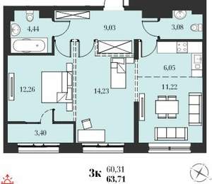 3-к квартира, вторичка, 64м2, 18/19 этаж