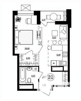 2-к квартира, строящийся дом, 40м2, 14/17 этаж