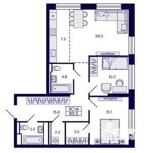 3-к квартира, строящийся дом, 80м2, 8/22 этаж