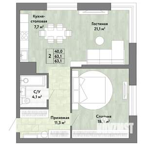 2-к квартира, строящийся дом, 63м2, 5/22 этаж