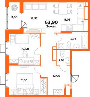 3-к квартира, вторичка, 64м2, 6/10 этаж
