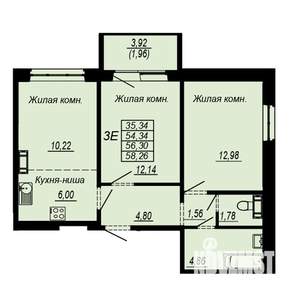 3-к квартира, строящийся дом, 56м2, 2/10 этаж