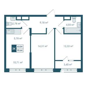 3-к квартира, вторичка, 63м2, 14/19 этаж
