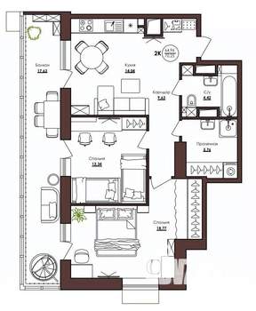 2-к квартира, строящийся дом, 70м2, 16/23 этаж