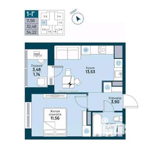 1-к квартира, вторичка, 34м2, 9/19 этаж