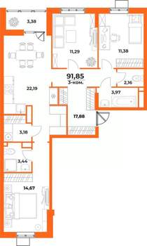 3-к квартира, вторичка, 92м2, 9/10 этаж