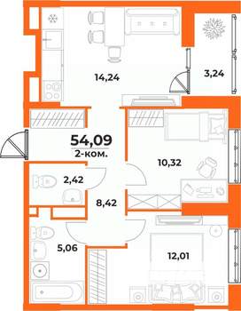 2-к квартира, вторичка, 54м2, 1/10 этаж