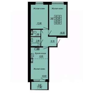 3-к квартира, строящийся дом, 59м2, 6/10 этаж