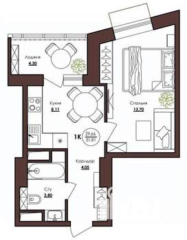 1-к квартира, строящийся дом, 32м2, 9/23 этаж