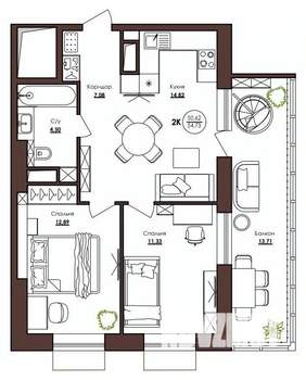 2-к квартира, вторичка, 55м2, 7/23 этаж