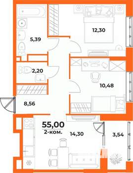 2-к квартира, вторичка, 55м2, 2/10 этаж
