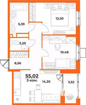 2-к квартира, вторичка, 55м2, 2/10 этаж