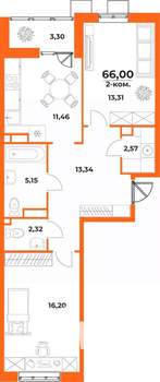 2-к квартира, вторичка, 66м2, 2/10 этаж