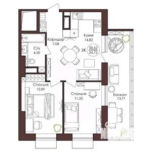 2-к квартира, вторичка, 55м2, 8/23 этаж