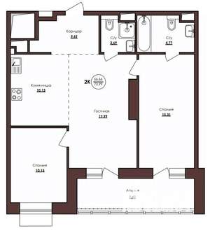 2-к квартира, строящийся дом, 71м2, 4/23 этаж