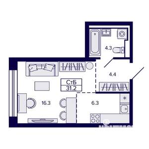 Студия квартира, вторичка, 31м2, 22/30 этаж