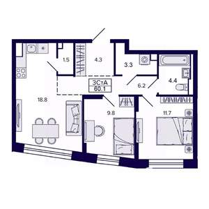 3-к квартира, строящийся дом, 60м2, 13/30 этаж