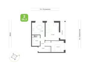 2-к квартира, вторичка, 58м2, 6/9 этаж