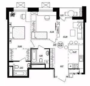 3-к квартира, строящийся дом, 66м2, 9/17 этаж