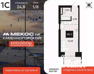 1-к квартира, вторичка, 25м2, 1/8 этаж