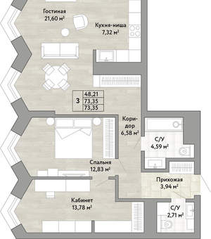 3-к квартира, вторичка, 73м2, 20/22 этаж