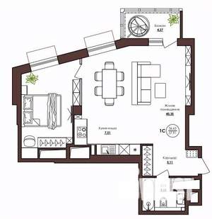 1-к квартира, строящийся дом, 58м2, 23/23 этаж