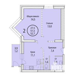 2-к квартира, строящийся дом, 53м2, 13/15 этаж