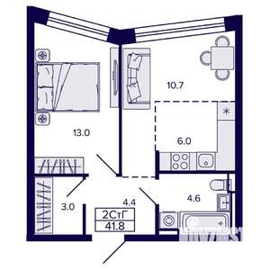 2-к квартира, строящийся дом, 42м2, 14/22 этаж