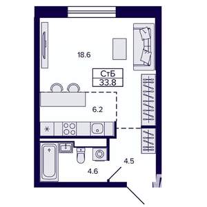 1-к квартира, строящийся дом, 34м2, 4/22 этаж